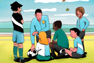 Cartoon image of young children sitting on the ground with footballs and their coach.