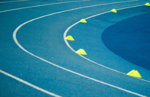 Training cones lined along running track 