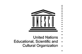 The UNESCO logo - a black temple, the pillars of which are made up the letters 'U.N.E.S.C.O', underneath which the black text 'United Nations Educational, Scientific and Cultural Organization'.