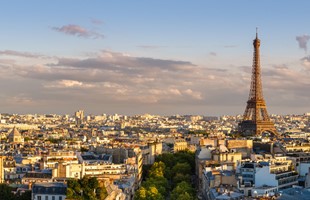 A view of paris from a high vantage point. The Eifel tower is the key focus of the image in the middle distance.